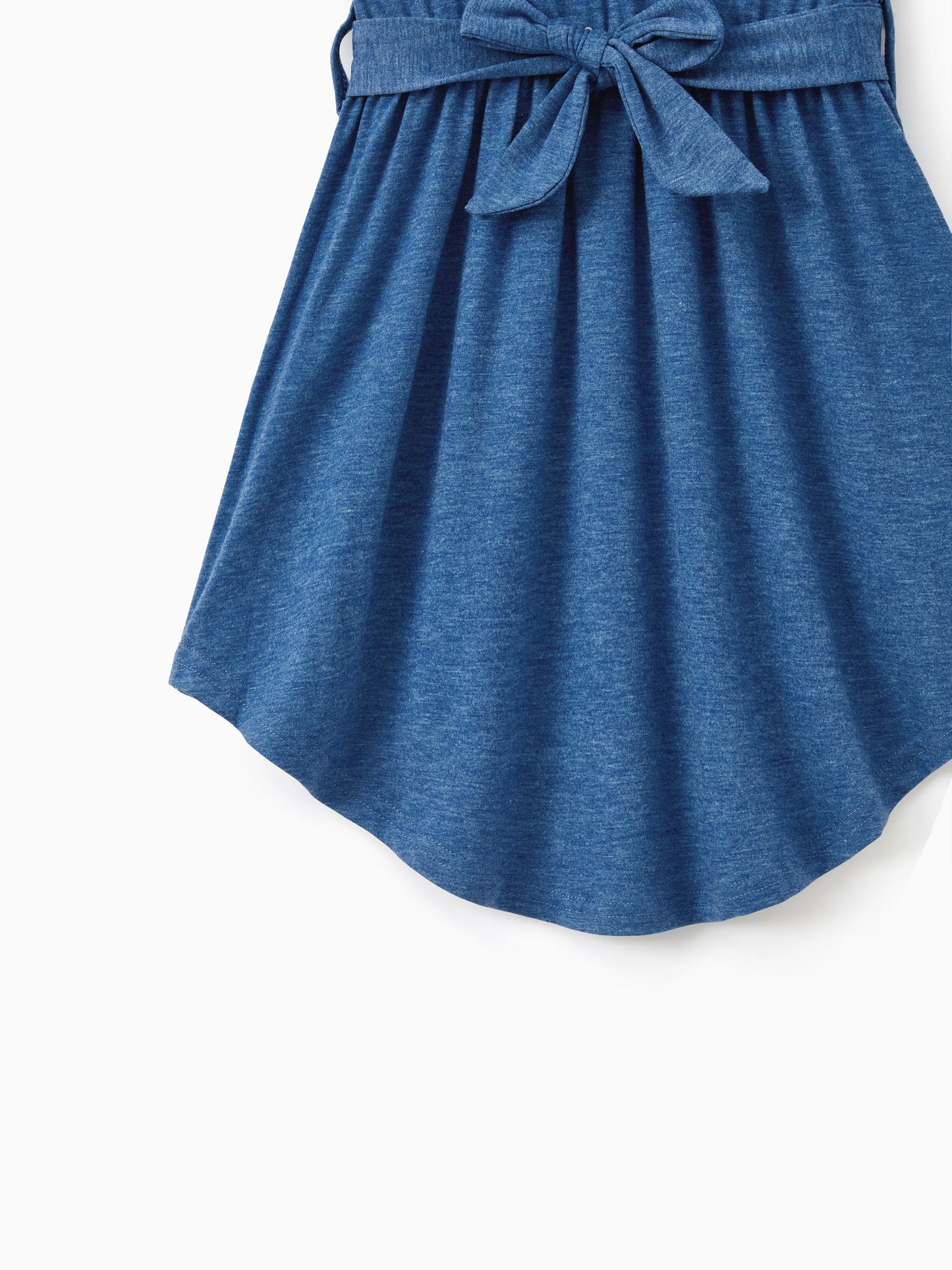 Mommy and Me Family Matching Soft Casual Outfit with Below Knee Dresses, Front Buttons, Belted Design Blue