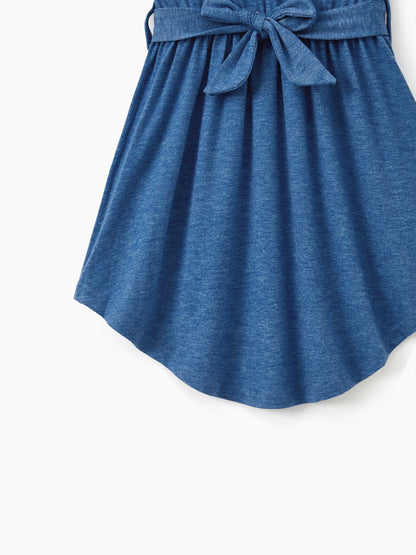 Mommy and Me Family Matching Soft Casual Outfit with Below Knee Dresses, Front Buttons, Belted Design Blue