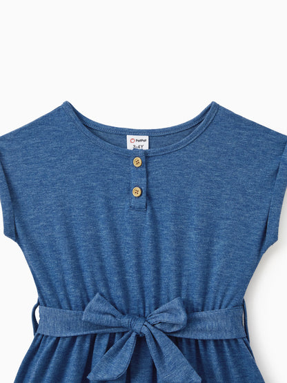 Mommy and Me Family Matching Soft Casual Outfit with Below Knee Dresses, Front Buttons, Belted Design Blue