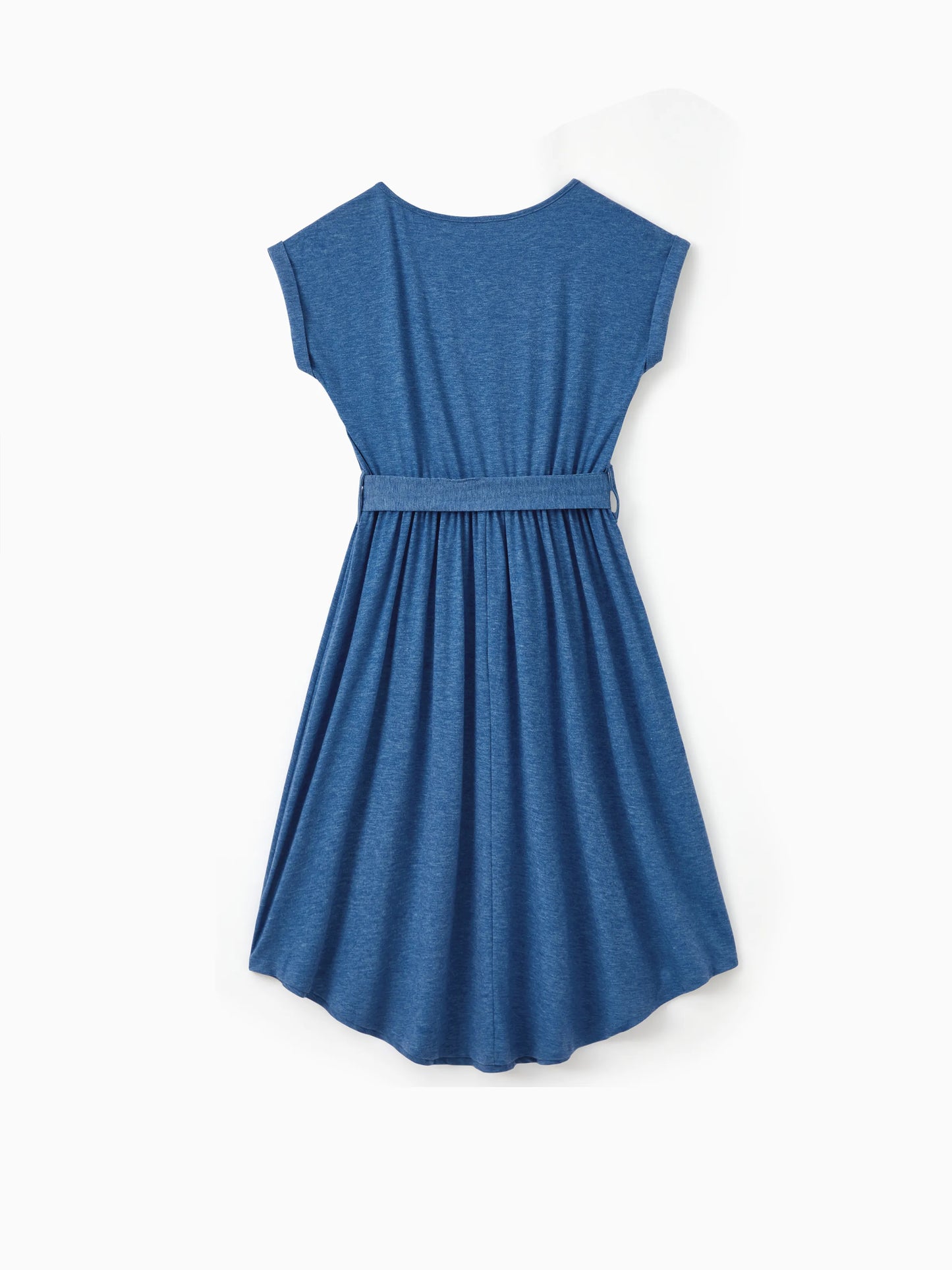 Mommy and Me Family Matching Soft Casual Outfit with Below Knee Dresses, Front Buttons, Belted Design Blue
