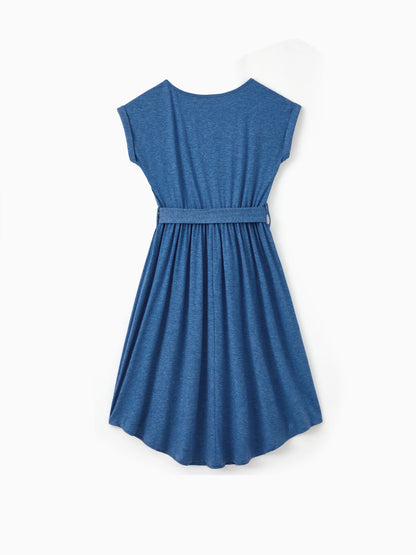 Mommy and Me Family Matching Soft Casual Outfit with Below Knee Dresses, Front Buttons, Belted Design Blue