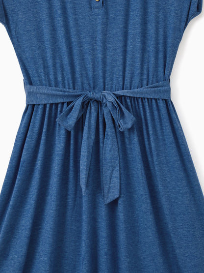 Mommy and Me Family Matching Soft Casual Outfit with Below Knee Dresses, Front Buttons, Belted Design Blue