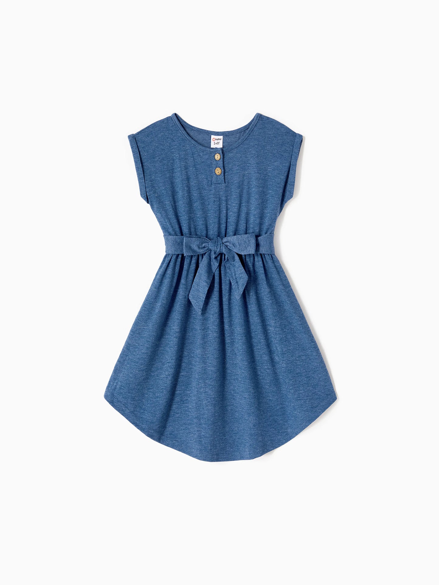 Mommy and Me Family Matching Soft Casual Outfit with Below Knee Dresses, Front Buttons, Belted Design Blue