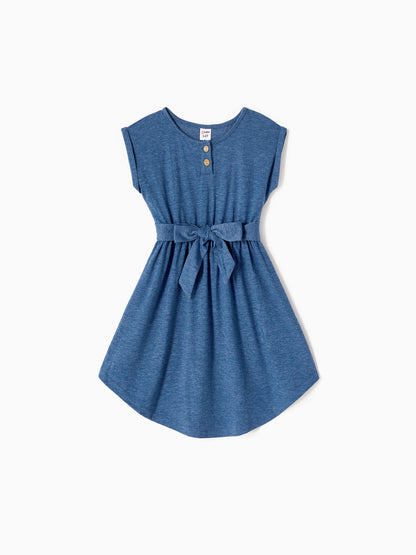 Mommy and Me Family Matching Soft Casual Outfit with Below Knee Dresses, Front Buttons, Belted Design Blue