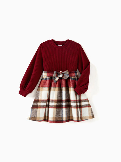 Family Matching Solid Ribbed Spliced Plaid Belted Dresses and Long-sleeve Button Up Shirts Sets MAROON