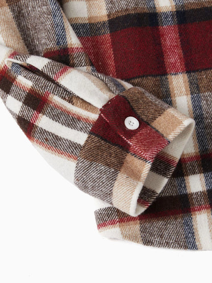 Family Matching Solid Ribbed Spliced Plaid Belted Dresses and Long-sleeve Button Up Shirts Sets MAROON