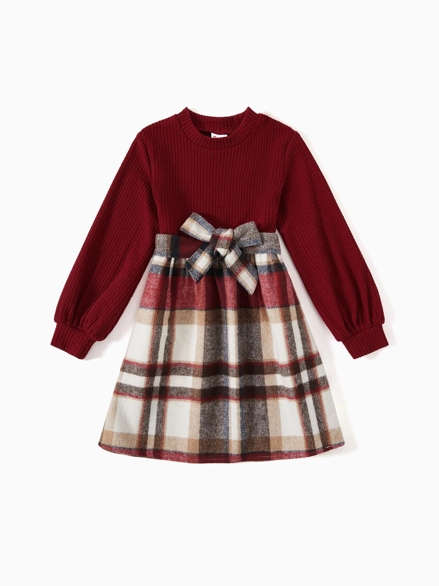 Family Matching Solid Ribbed Spliced Plaid Belted Dresses and Long-sleeve Button Up Shirts Sets MAROON
