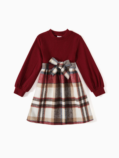 Family Matching Solid Ribbed Spliced Plaid Belted Dresses and Long-sleeve Button Up Shirts Sets MAROON