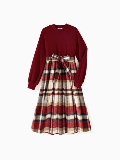 Family Matching Solid Ribbed Spliced Plaid Belted Dresses and Long-sleeve Button Up Shirts Sets MAROON