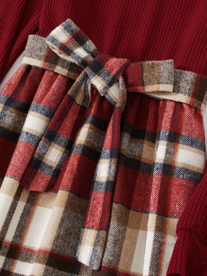 Family Matching Solid Ribbed Spliced Plaid Belted Dresses and Long-sleeve Button Up Shirts Sets MAROON