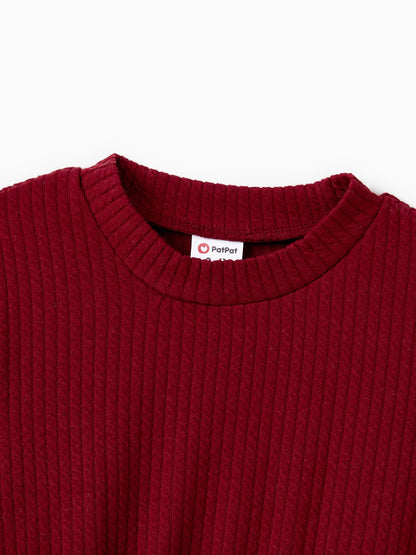 Family Matching Solid Ribbed Spliced Plaid Belted Dresses and Long-sleeve Button Up Shirts Sets MAROON