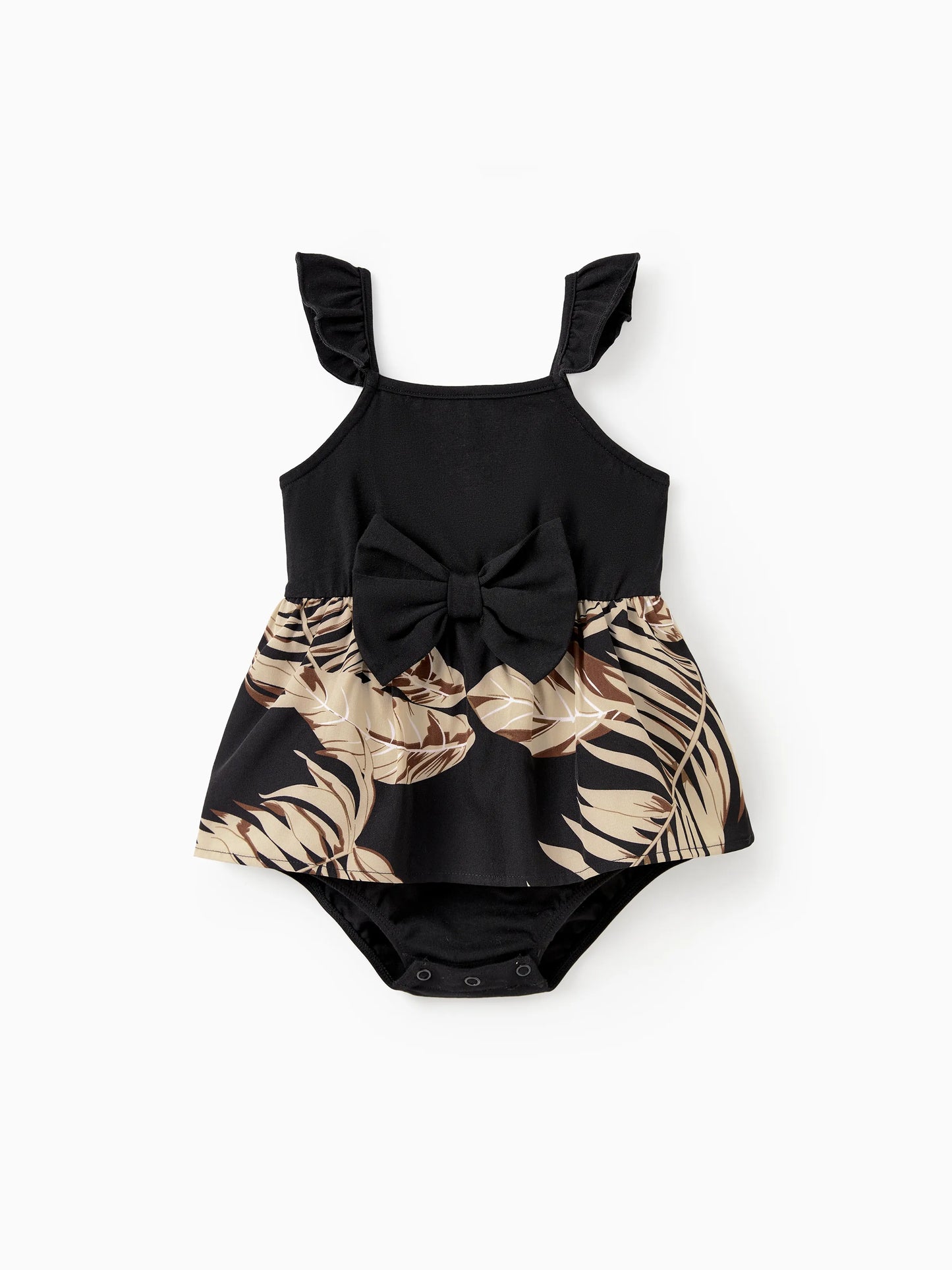 Family Matching Floral Print Belted Cami Dresses And Solid Short Sleeve Tops Sets Black