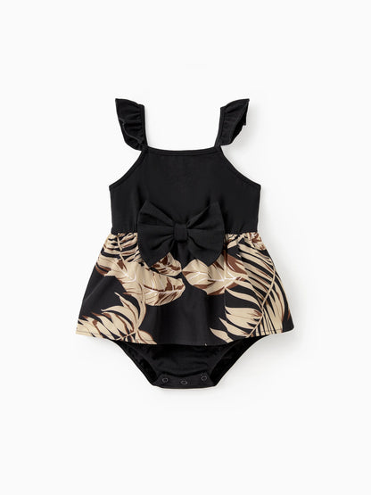 Family Matching Floral Print Belted Cami Dresses And Solid Short Sleeve Tops Sets Black
