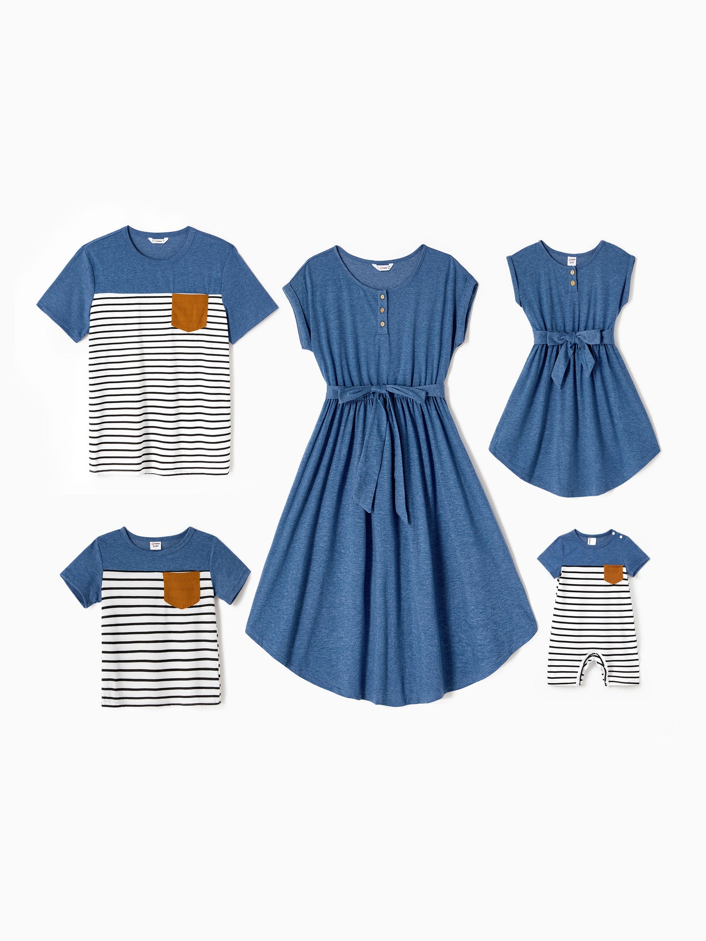 Mommy and Me Family Matching Soft Casual Outfit with Below Knee Dresses, Front Buttons, Belted Design Blue