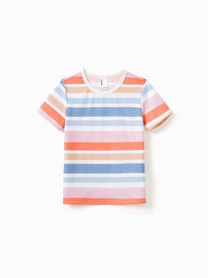 Family Matching Blue Short-sleeve Tee or Colorful Stripe Camisole Dress Multi-color