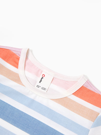 Family Matching Blue Short-sleeve Tee or Colorful Stripe Camisole Dress Multi-color