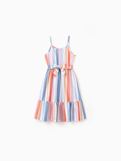 Family Matching Blue Short-sleeve Tee or Colorful Stripe Camisole Dress Multi-color