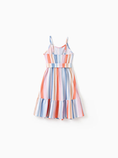 Family Matching Blue Short-sleeve Tee or Colorful Stripe Camisole Dress Multi-color