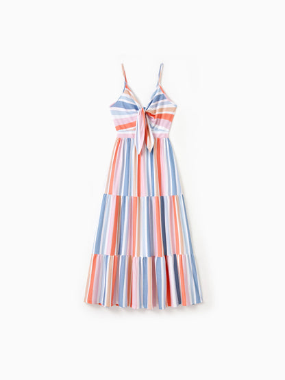 Family Matching Blue Short-sleeve Tee or Colorful Stripe Camisole Dress Multi-color