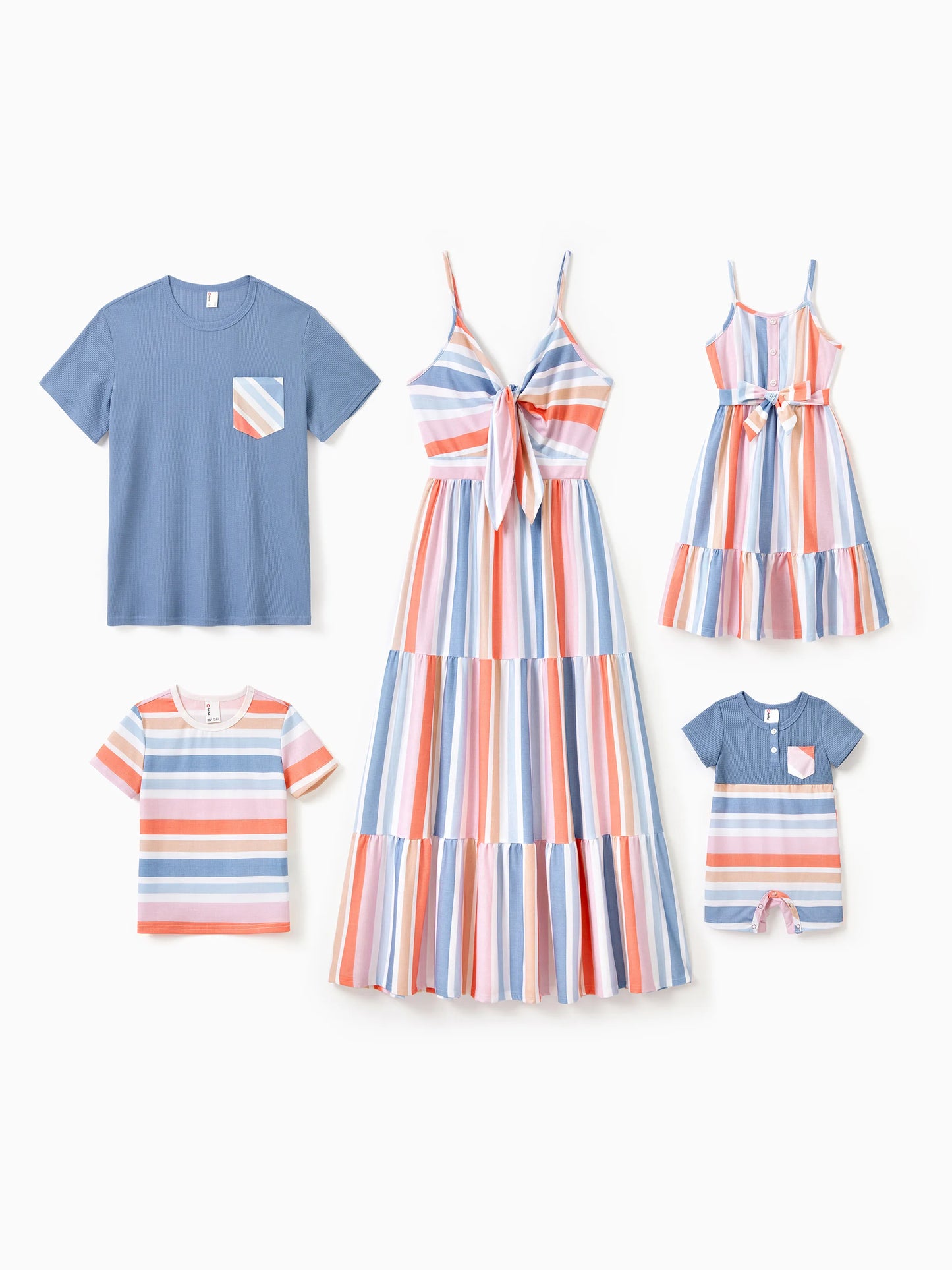 Family Matching Blue Short-sleeve Tee or Colorful Stripe Camisole Dress Multi-color