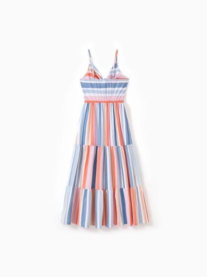 Family Matching Blue Short-sleeve Tee or Colorful Stripe Camisole Dress Multi-color