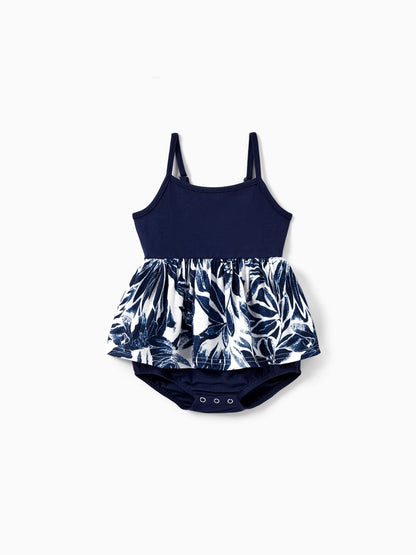 Family Matching Cotton Tee Flora Print Splicing Shirt or Tank Dress Deep Blue