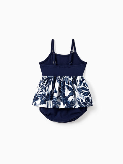 Family Matching Cotton Tee Flora Print Splicing Shirt or Tank Dress Deep Blue