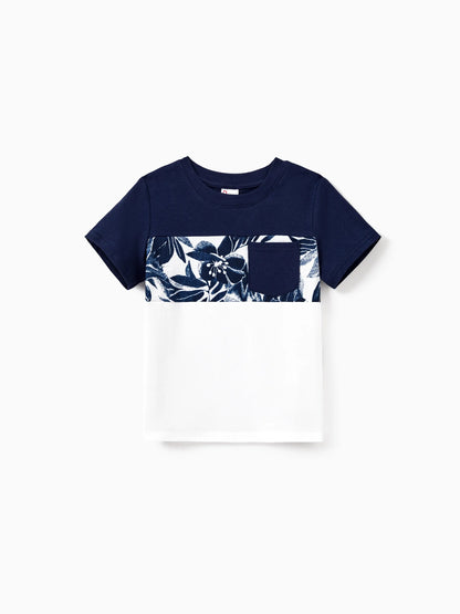 Family Matching Cotton Tee Flora Print Splicing Shirt or Tank Dress Deep Blue