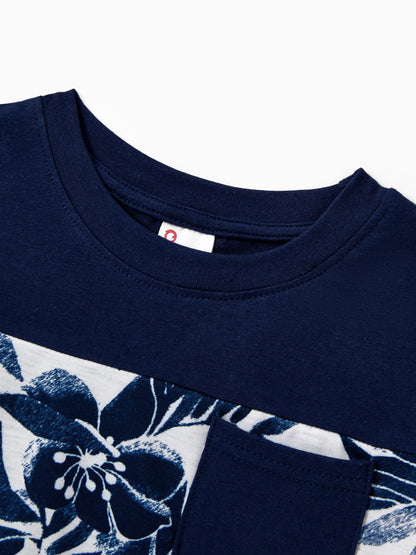 Family Matching Cotton Tee Flora Print Splicing Shirt or Tank Dress Deep Blue