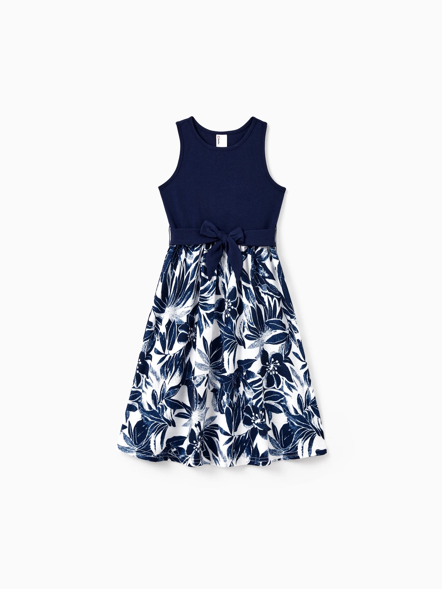Family Matching Cotton Tee Flora Print Splicing Shirt or Tank Dress Deep Blue