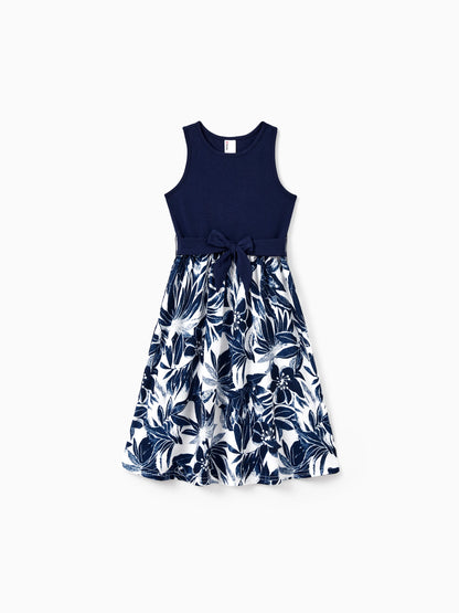 Family Matching Cotton Tee Flora Print Splicing Shirt or Tank Dress Deep Blue