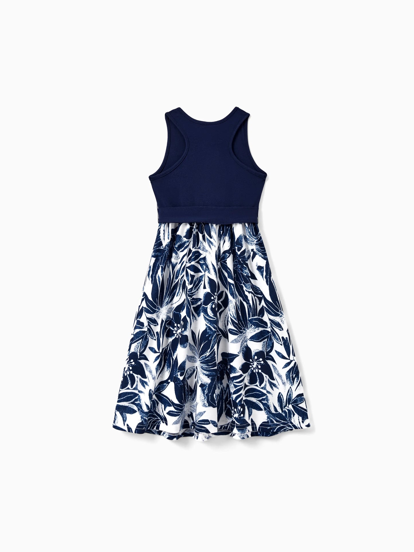 Family Matching Cotton Tee Flora Print Splicing Shirt or Tank Dress Deep Blue