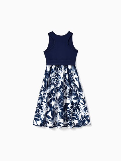 Family Matching Cotton Tee Flora Print Splicing Shirt or Tank Dress Deep Blue