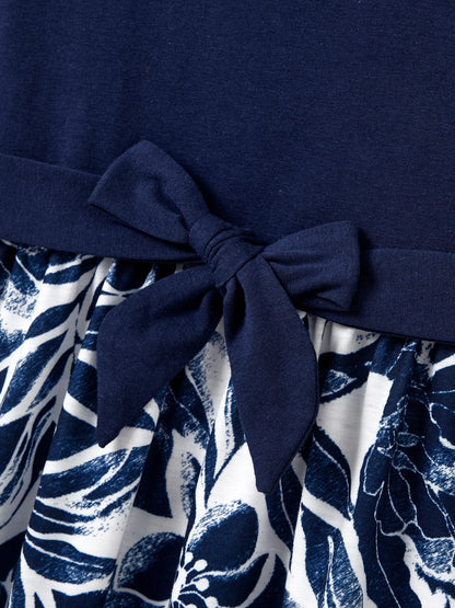 Family Matching Cotton Tee Flora Print Splicing Shirt or Tank Dress Deep Blue