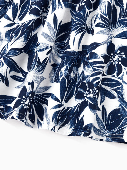 Family Matching Cotton Tee Flora Print Splicing Shirt or Tank Dress Deep Blue