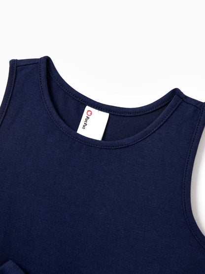 Family Matching Cotton Tee Flora Print Splicing Shirt or Tank Dress Deep Blue