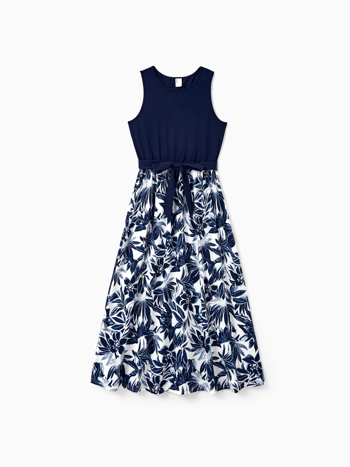 Family Matching Cotton Tee Flora Print Splicing Shirt or Tank Dress Deep Blue