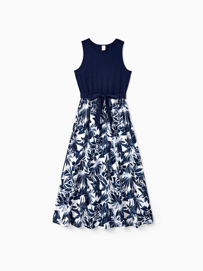 Family Matching Cotton Tee Flora Print Splicing Shirt or Tank Dress Deep Blue