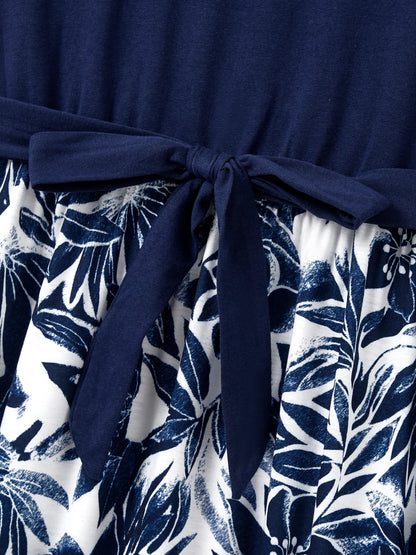 Family Matching Cotton Tee Flora Print Splicing Shirt or Tank Dress Deep Blue