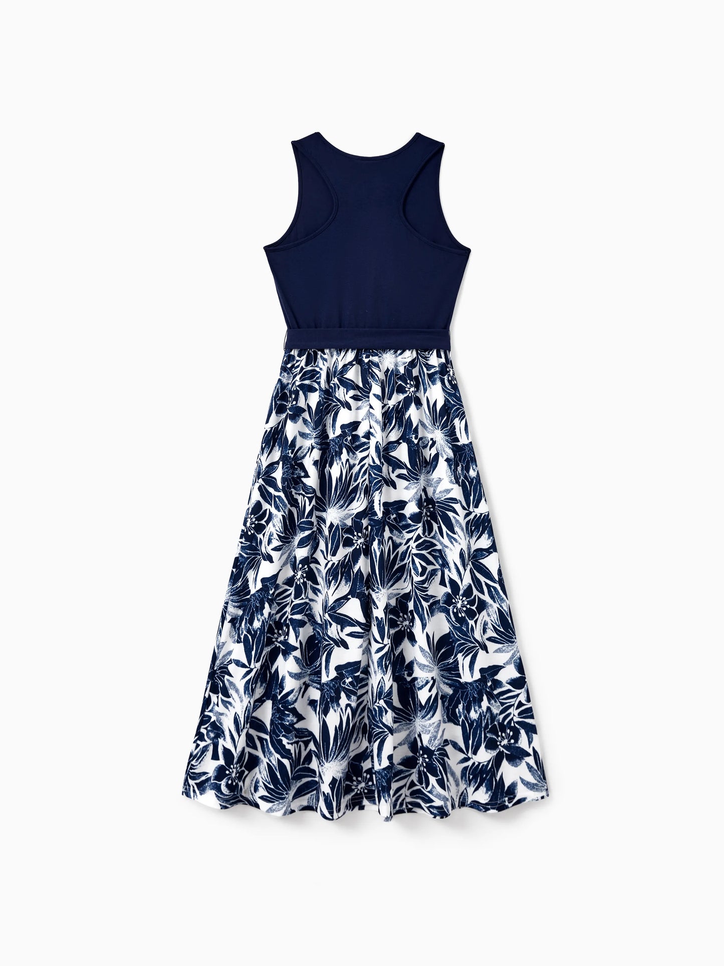 Family Matching Cotton Tee Flora Print Splicing Shirt or Tank Dress Deep Blue