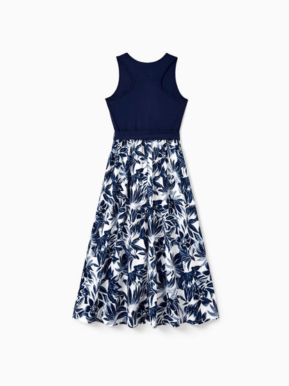 Family Matching Cotton Tee Flora Print Splicing Shirt or Tank Dress Deep Blue