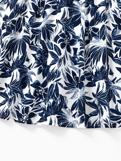 Family Matching Cotton Tee Flora Print Splicing Shirt or Tank Dress Deep Blue