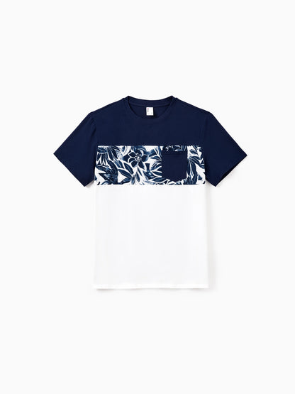 Family Matching Cotton Tee Flora Print Splicing Shirt or Tank Dress Deep Blue