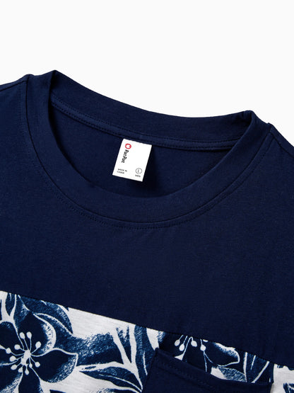 Family Matching Cotton Tee Flora Print Splicing Shirt or Tank Dress Deep Blue