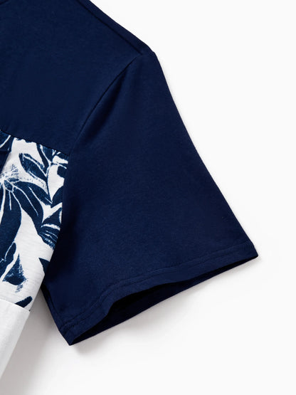 Family Matching Cotton Tee Flora Print Splicing Shirt or Tank Dress Deep Blue