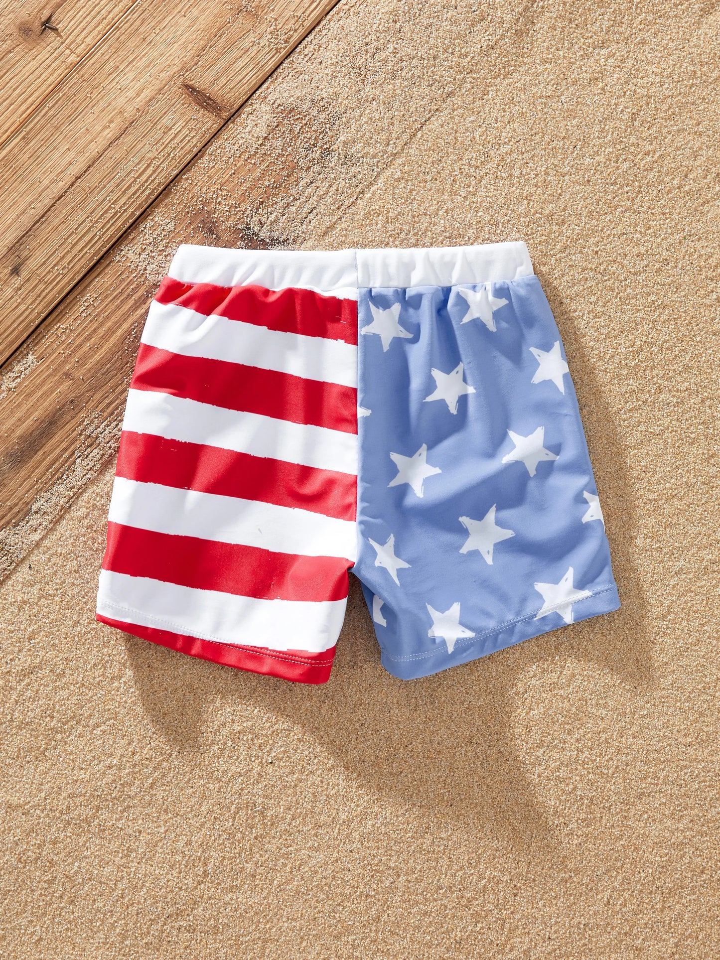 Independence Day 4th of July Family Matching Patriotic Swimwear Stars and Stripes Board Shorts or Ruffled Layers V-neck One-Piece Swimsuits Blue