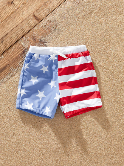 Independence Day 4th of July Family Matching Patriotic Swimwear Stars and Stripes Board Shorts or Ruffled Layers V-neck One-Piece Swimsuits Blue