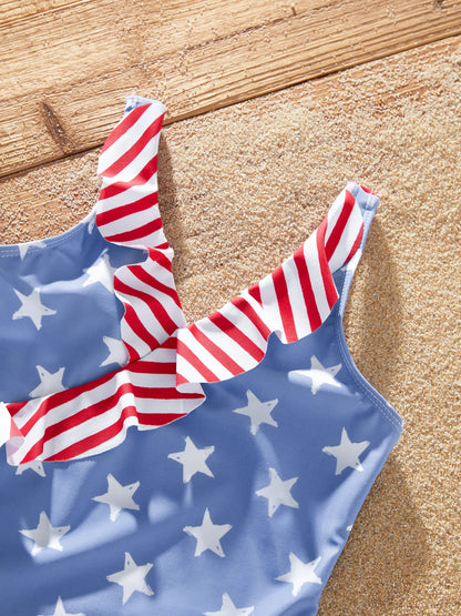 Independence Day 4th of July Family Matching Patriotic Swimwear Stars and Stripes Board Shorts or Ruffled Layers V-neck One-Piece Swimsuits Blue
