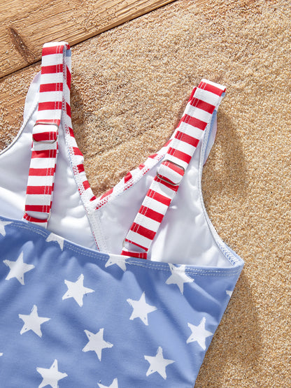Independence Day 4th of July Family Matching Patriotic Swimwear Stars and Stripes Board Shorts or Ruffled Layers V-neck One-Piece Swimsuits Blue