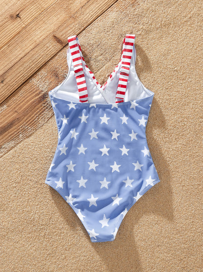 Independence Day 4th of July Family Matching Patriotic Swimwear Stars and Stripes Board Shorts or Ruffled Layers V-neck One-Piece Swimsuits Blue